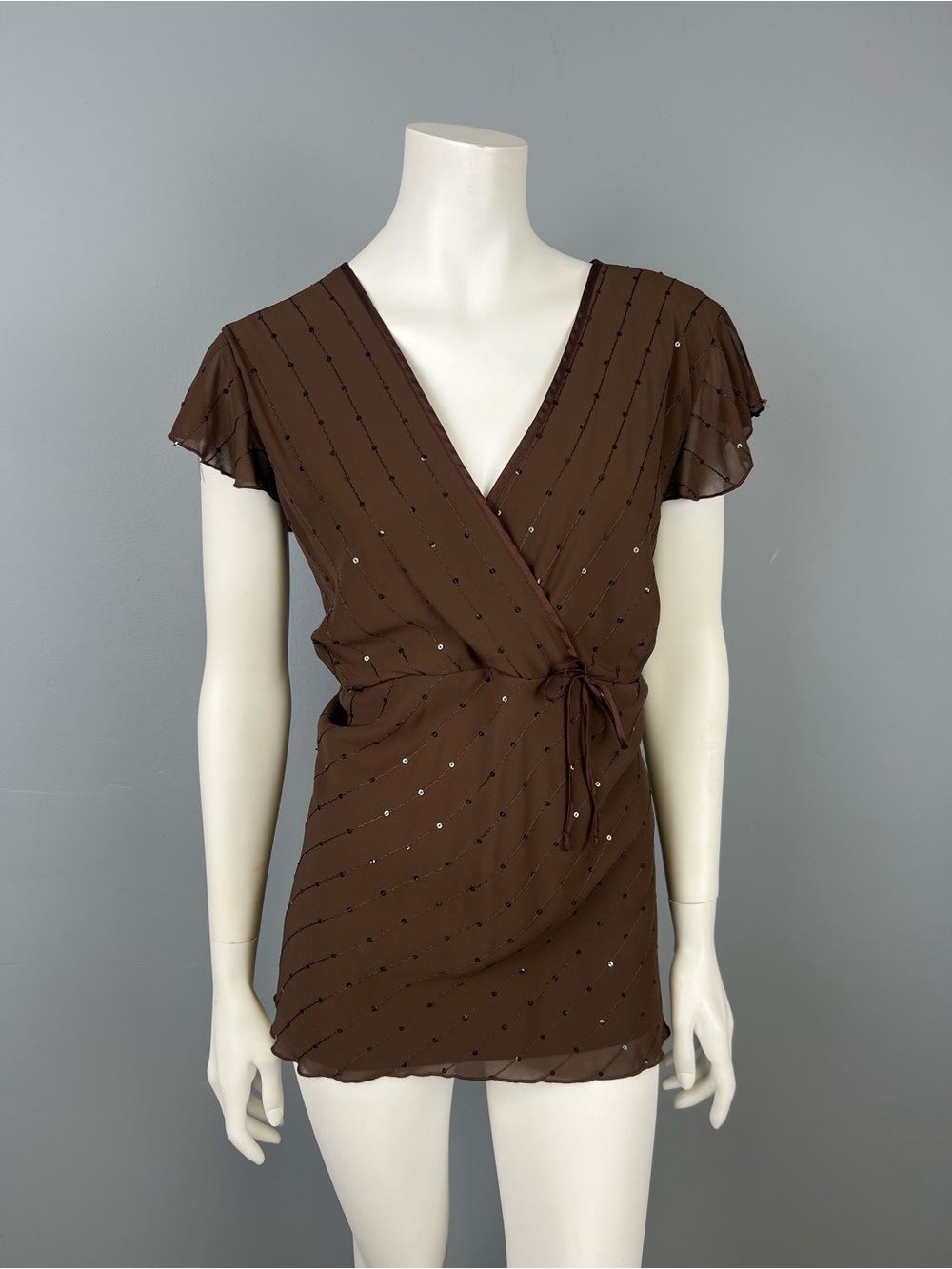 Vintage 90s/2000s Brown Wrap Tie Short Sleeve Women's Top